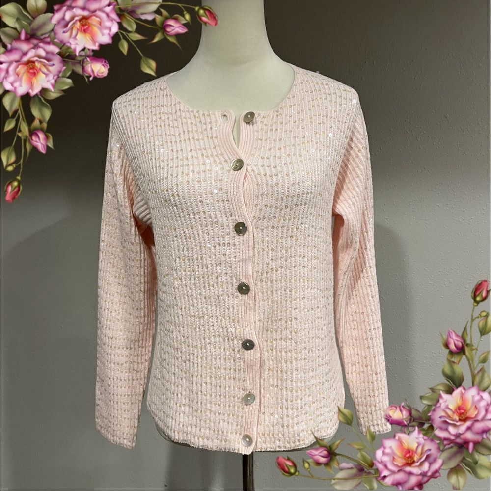 Button down sequin pale baby pink cardigan size medium‎